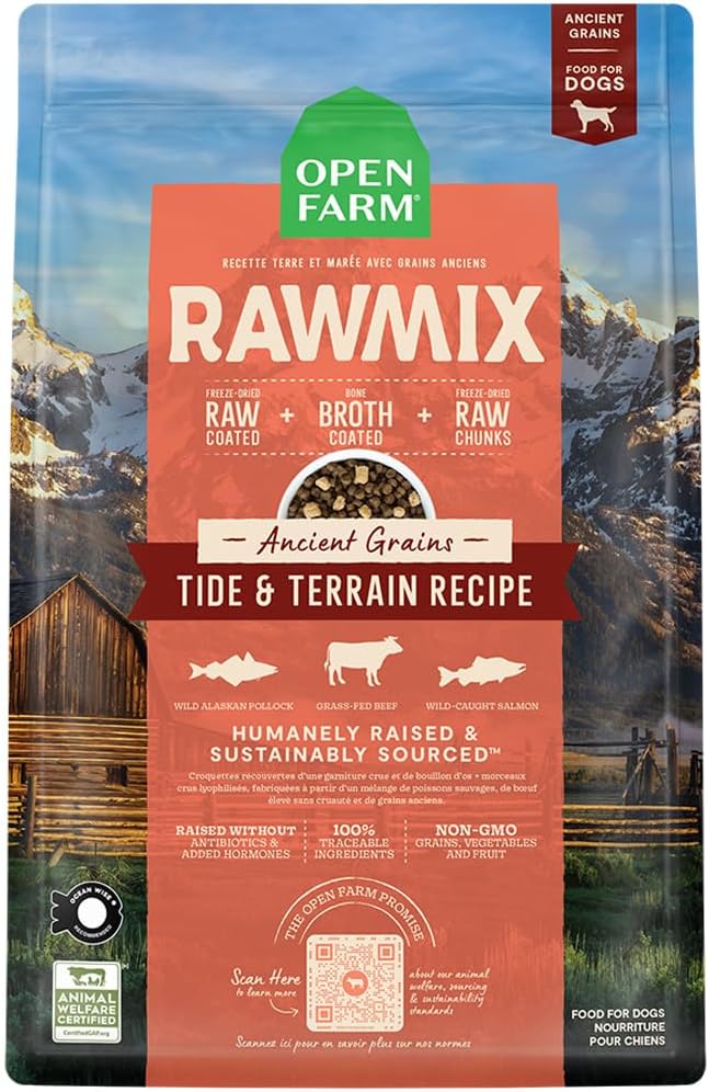 Open Farm, RawMix Dry Dog Food with Ancient Grains, Protein-Packed Kibble Coated in Bone Broth with Freeze Dried Raw Chunks, Pollock Beef & Salmon, Tide & Terrain Recipe, 20lb Bag