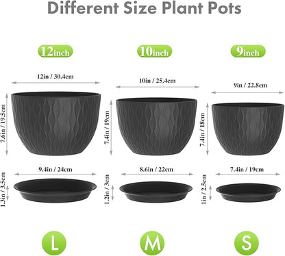 Meowell 12/10/9 inch Large Plant Pots, 3 Pack Wide Flower Pots for Outdoor Indoor Plants with Water Ripples, Big Plastic Planters with Drainage Holes and Saucers for Garden House Plants, Black