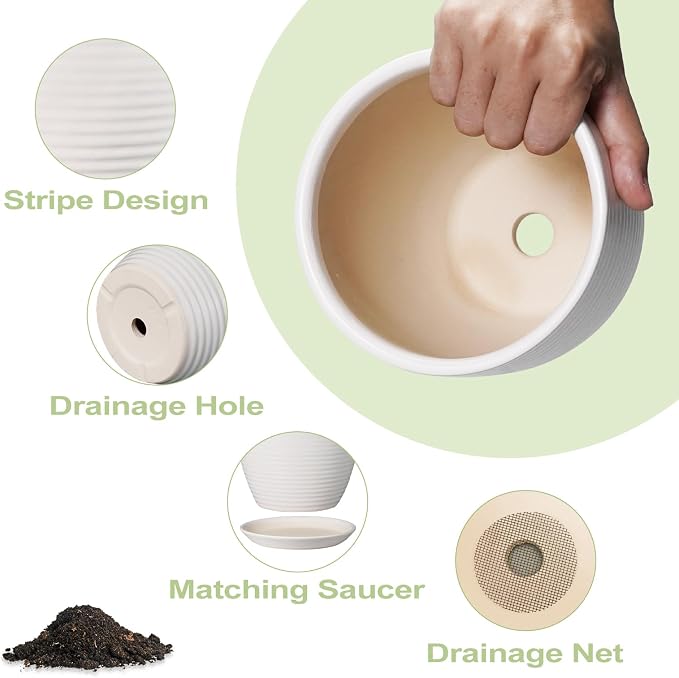 Ceramic Pots for Plants - 6 Inch Plant Pot with Drainage Hole and Saucer, Round Planters for Indoor Outdoor, Flower Pots, Modern Planter, Home Office Room Decor, Gifts for Plant Lovers, White