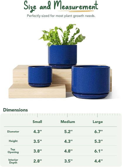 LE TAUCI Ceramic Plant Pots, 4.3+5.3+6.8 inch, Set of 3, Planters with Drainage Hole and Saucer, Indoor Flower Pot with Hole Mesh Pad, Gifts for Mom, Sapphire Blue