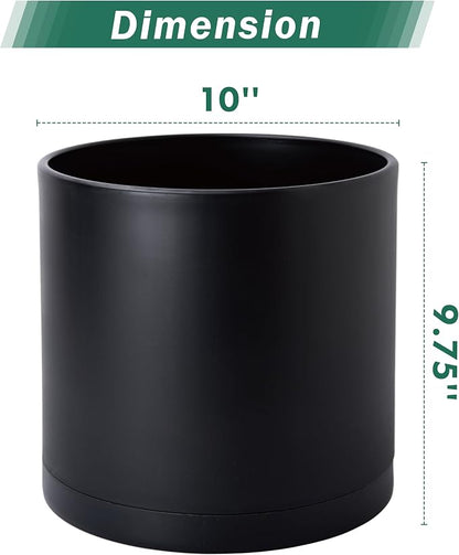 D'vine Dev 2 Pack 10 Inch Modern Plastic Plant Pots, Cylindrical Garden Planters for Plants with Drainage Holes and Saucers, Black, 74-Y-N-1