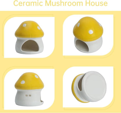 AnRui Ceramic Mushroom Aquarium Decor Cute Mini House Betta Fish Tank Accessories Decoration Hideaway Hideout Cave Ornament for Small Fish, Shrimp, Goldfish and Reptiles (Yellow, Large)