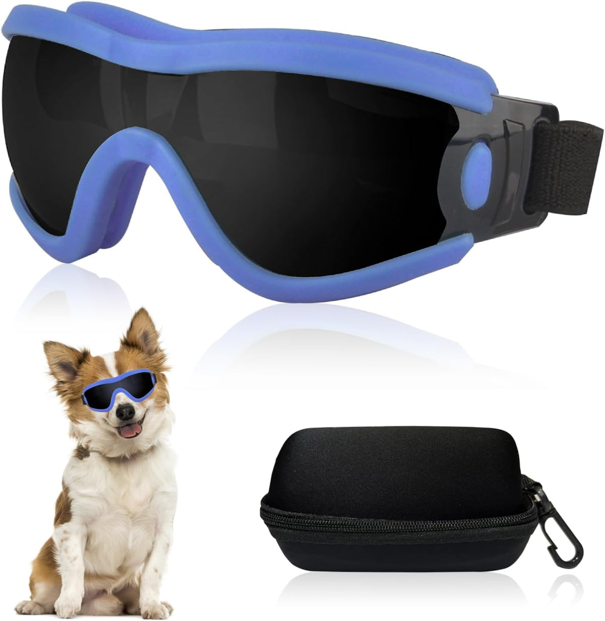 Dog Goggles Small Breed Dog Sunglasses with Adjustable for UV Protection Eyewear Doggy Doggie Puppy Glasses Anti-Fog Wind Dust Snowproof (Blue Frame Black Lens)