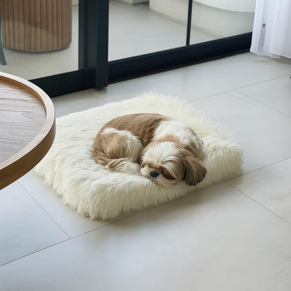 IHAPPYDOG Luxury Faux Fur Orthopedic Dog Beds, Memory Foam Crate Bed for Small, Medium, Large and XL Pets, Fluffy Pet Bed with Waterproof and Washable Cover, Fits Crates (White, 23"x18")