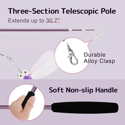 SONGWAY Cat Wand Toys for Indoor Cats - Cat Toy Set with Retractable Teaser Wand and 6 PCS Fairy Feather Toy Refills, Dragonfly Tassel Cat Toys Interactive, Purple