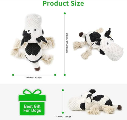 COWIE - Durable Plush Cow Dog Toy with Rope – Soft Chew Toy for Puppies Small Medium & Large Dogs – Crinkle Ears, Teeth-Cleaning & Interactive Squeaky Dog Toys