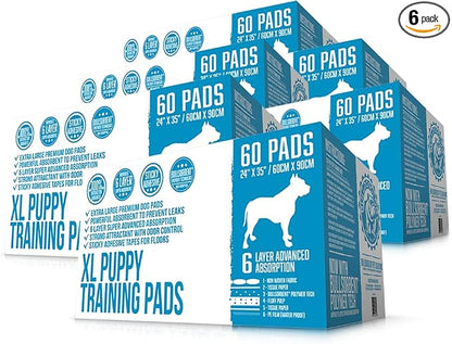 Bulldogology Puppy Pee Pads XL with Adhesive Sticky Tape - Extra Large Dog Training Wee Pads (24x35) 6 Layers with Extra Quick Dry Bullsorbent Polymer Tech (360-Count, White)