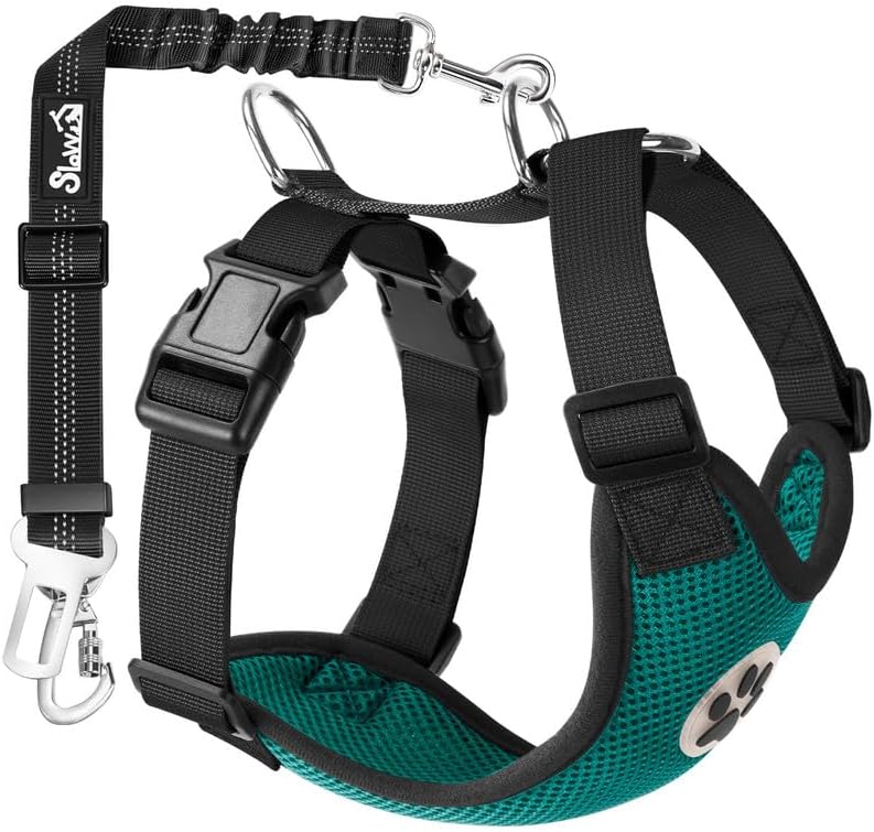 SlowTon Dog Seat Belt Harness for Car, Dog Car Harness Adjustable Mesh Breathable & Dog Seatbelt Safety Tether with Elastic Bungee for Small Medium Large Pets(Green, Double Clip, M)