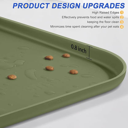 SMILOOL Waterproof Silicone Pet Food Mat with Raised Edge for Dog & Cat | 24" x 16" Non-Slip Pet Feeding Mats with Lip for Food & Water Bowl, Food Grade, Easy Cleaning, Light Olive Green