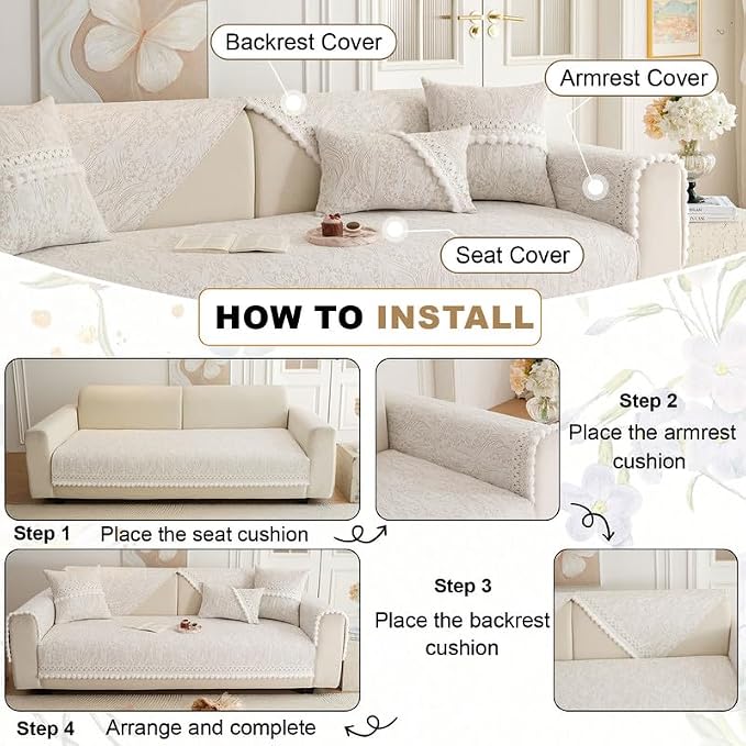 HANDONTIME Chenille Pet Couch Cover Floral Pattern – Soft Fringed Edges, Non-Slip Washable Sofa Slipcover, Jacquard Sofa Cushion Cover, Protects Furniture from Dogs, Cats & Kids (Khaki,35.4" x 63")