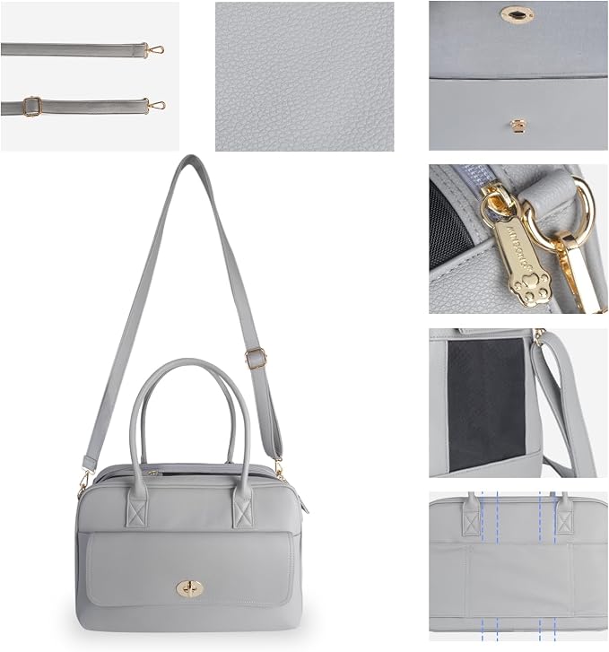 Fashion Pet Carrier Dog Purse Carrier Cat Soft-Sided Carriers for Puppy Kitten, Stylish Leather Handbag Tote Travel Pet Bag for Small Dogs Cats, TSA Airline Approved (Grey)