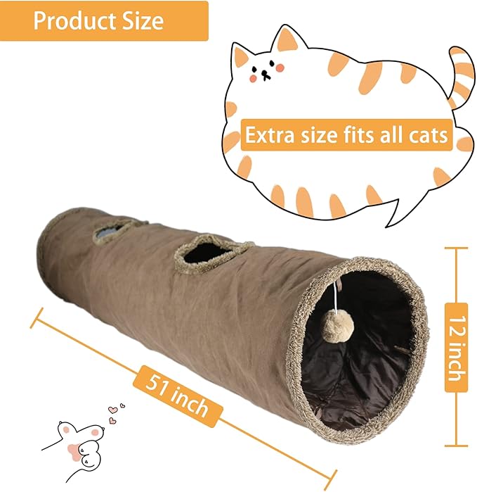 Cat Tunnel for Indoor Cats, 51×12 inch Foldable Big Cat Tunnel, Brown Suede Pet Tunnels with Two Peepholes and a Bubble Ball