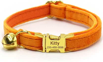 Personalized Cat Collar with Bells,Velvet Customized Small Cat Collar with Name Tag,Pet Collar with Name Phone Number Engraved ID Tags for Boy and Girl Kitten Cats (Orange)