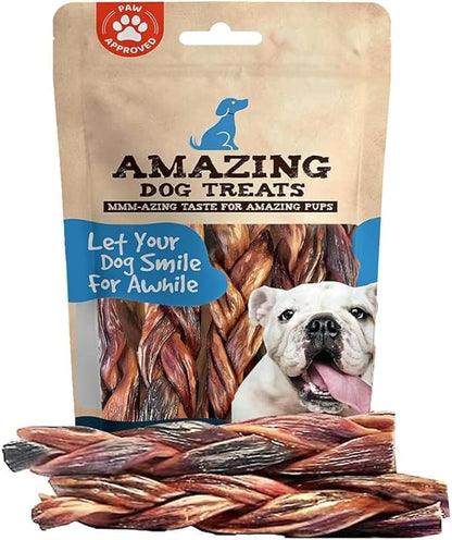 Amazing Dog Treats - 6 Inch Braided Gullet Stick (4 Pc/Pack) - Dog Jerky Treats - Beef Esophagus -Gullet for Dogs - Beef Esophagus Dog Treats