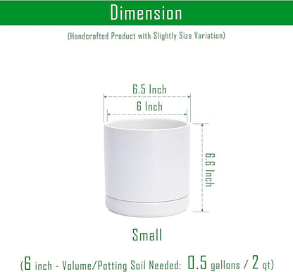 D'vine Dev 6.5 Inch Ceramic Planter Pot, White, 94-O-C-1 | Modern Cylinder Design, Drainage Hole & Saucer Included, Stable Structure, Elegant Home Accent