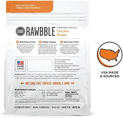BIXBI Rawbble Freeze Dried Dog Food, Chicken Recipe, 4.5 oz - 98% Meat and Organs, No Fillers - Pantry-Friendly Raw Dog Food for Meal, Treat or Food Topper - USA Made in Small Batches