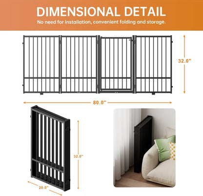 Full Metal Freestanding Dog Gate with Door, 32''Height Foldable Pet Dog Fence for Indoor & Outdoor, 4 Panels Extra Wide Free Standing TallDog Gates for Doorways,House,Stairs,Porch,Deck,Yard