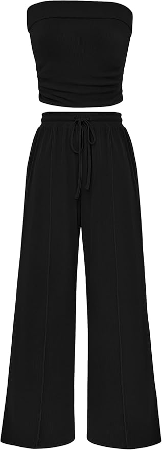 PRETTYGARDEN Womens Summer Outfits 2 Piece Sets Casual Ribbed Knit Crop Tube Top Wide Leg Pants Spring Matching Lounge Set
