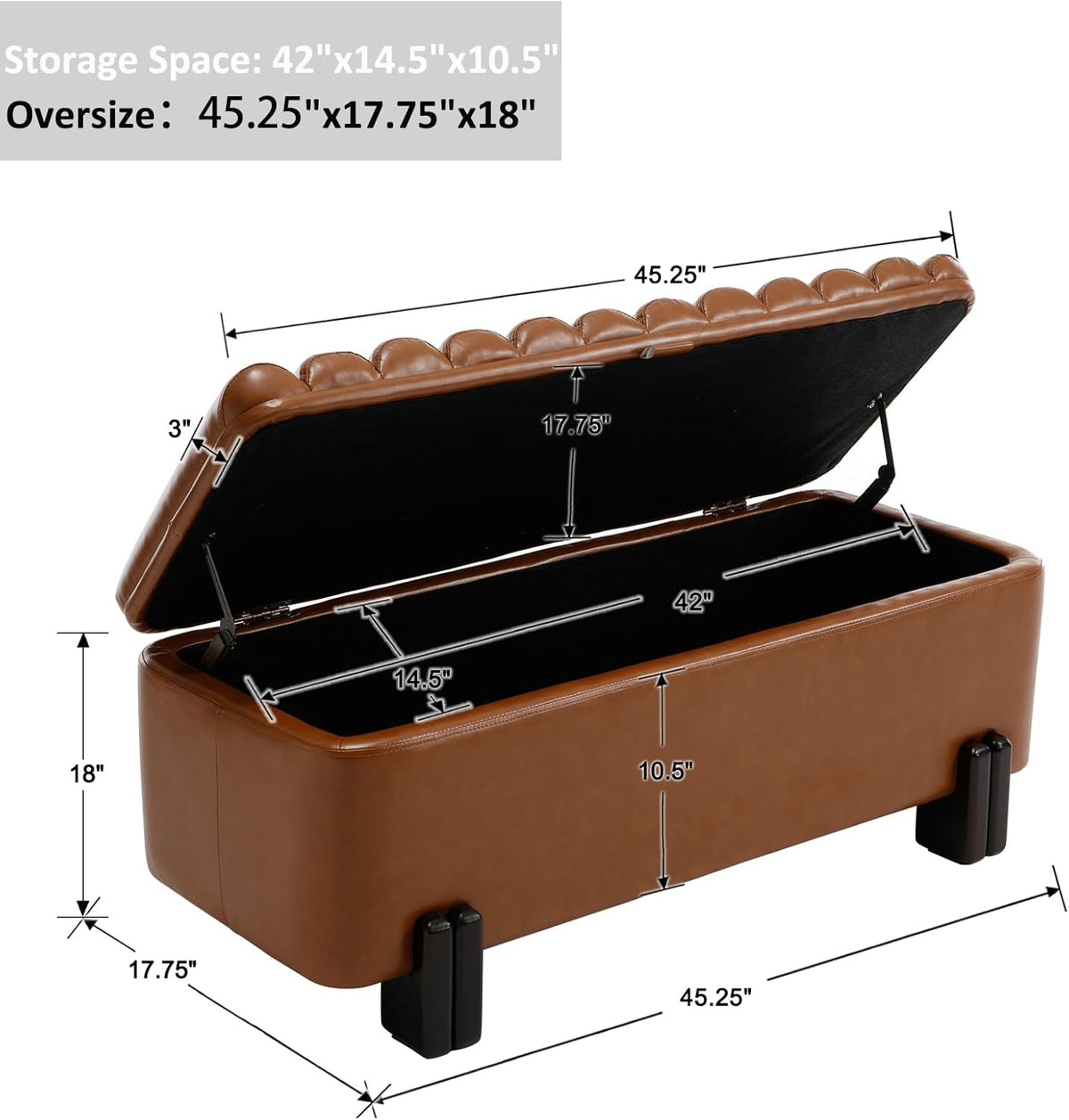 Kmax 45" Storage Bench PU Leather Entryway Bench Upholstered Ottoman Bench with Wavy Top & Safty Hinge for Bedroom Living Room Hallway, Brown