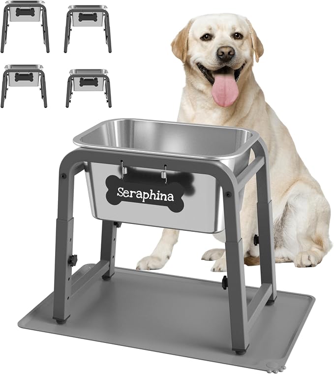 1.85 Gallon Elevated Large Dog Water Bowl with Mat, 4 Height Adjustable 12-17", Raised Dog Water Bowl Stand for Large Breed