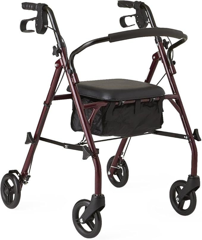 Medline Steel Rollator Walker with Seat, Burgundy, 350 lb. Weight Capacity, 6” Wheels, Foldable, Height Adjustable Handles, Rolling Walker for Seniors, Walker for Mobility Impaired