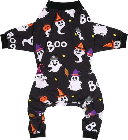 HDE Dog Pajamas One Piece Jammies Jumpsuit Pet Clothes Outfit Stretchy Lightweight Comfy Shirt Pjs for M-3XL Dogs Cute Ghosts - 3XL