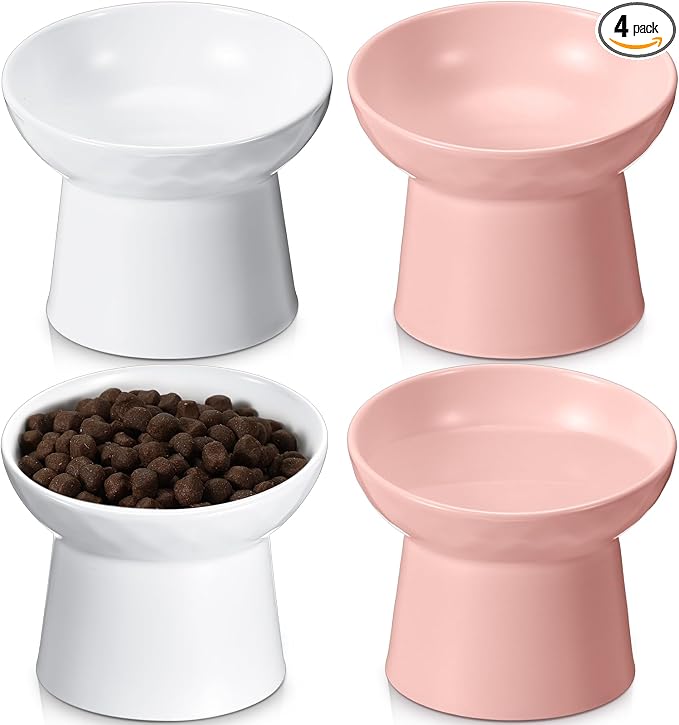 4 Pcs Ceramic Raised Cat Bowls, Elevated Tilted Cat Bowl for Food Water, Stress Free, Backflow Prevention, Dishwasher Microwave Safe, Feeder Dish for Indoor Kitten, Small Dogs(White and Pink)