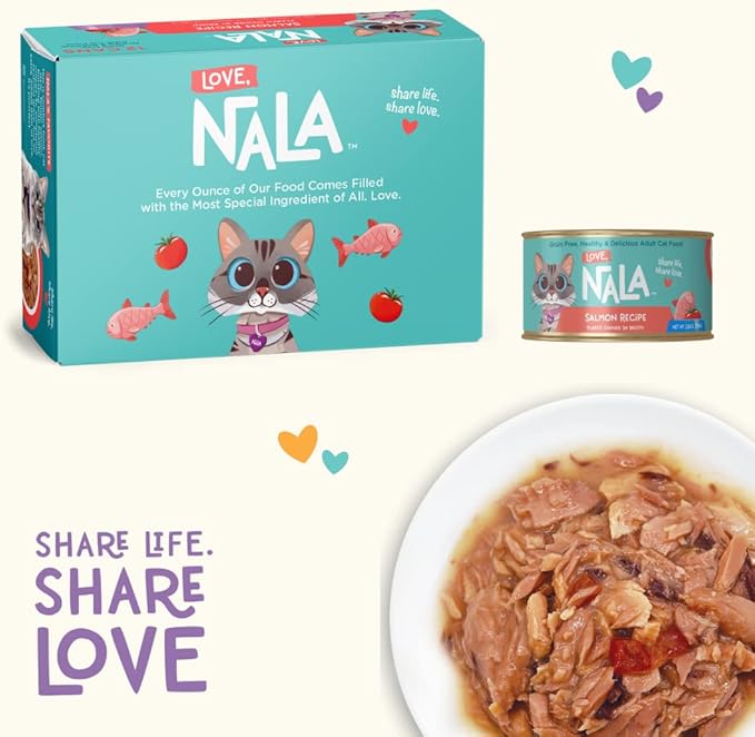 LOVE, NALA - Natural Adult Cat Wet Food - FLAKED Salmon in Broth - Grain Free, Non-GMO, Lean Protein with Omega 3, Added Minerals & Vitamins - 12 Pack, 2.4 lbs.