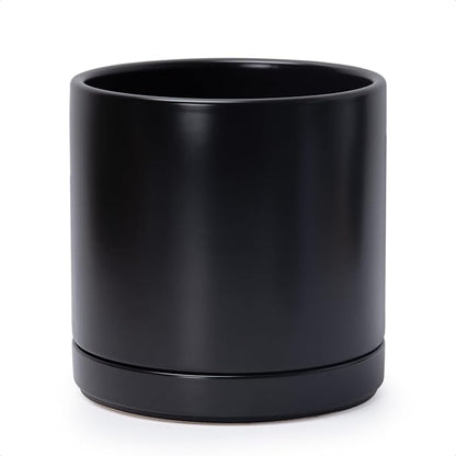 D'vine Dev 10 Inch Ceramic Planter Pot, Black, 94-O-E-2 | Modern Cylinder Design, Drainage Hole & Saucer Included, Stable Structure, Elegant Home Accent