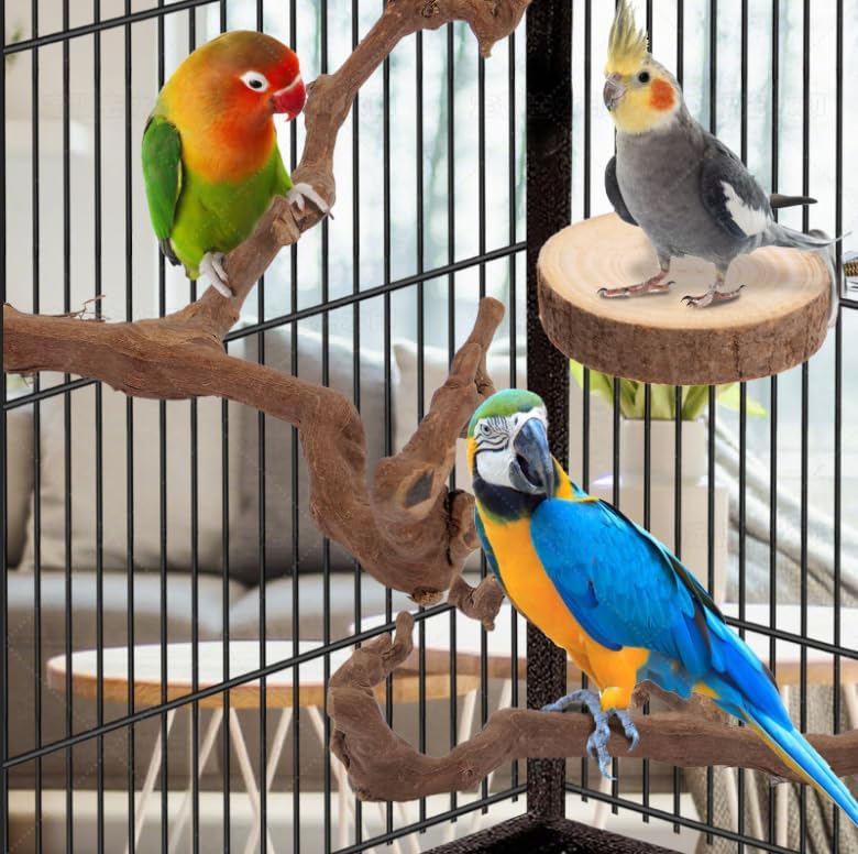 Parrot Perch Bird Perch Stand Set Natural Wild Wood Grape Sticks Paw Grinding Fork Parakeet Climbing Standing Branches Toys Cage Accessories for Conure,Cockatiels Lovebirds,Budgies Chewable 6PC