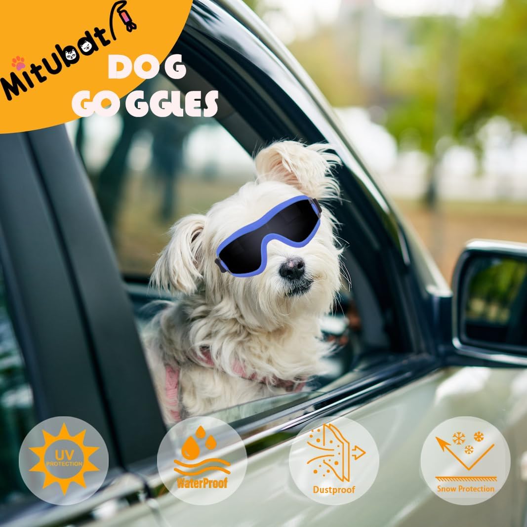 Dog Goggles Small Breed Dog Sunglasses with Adjustable for UV Protection Eyewear Doggy Doggie Puppy Glasses Anti-Fog Wind Dust Snowproof (Blue Frame Black Lens)