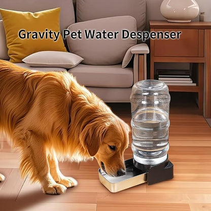 PAKEWAY 2.4 Gallon Gravity Dog Water Dispenser for Large Dogs and Multi-Pet Homes, Automatic Pet Waterer with Stainless Steel Bowl, Transparent Tank and 3 Filters, 9L
