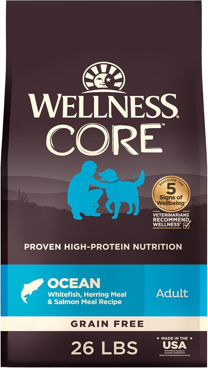 Wellness CORE Dry Dog Food, Grain-Free, High Protein, Natural, Ocean Whitefish, Herring, & Salmon Recipe, (26-Pound Bag)