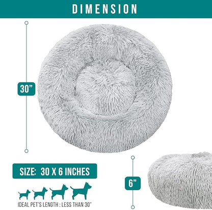 PetAmi Calming Dog Bed for Small Medium Dogs and Cats, Round Donut Washable Fluffy Faux Fur Plush Cuddler Pet Kitten Cushion, Anti-Slip, Fits up to 45 lbs, 30 inch, Light Gray