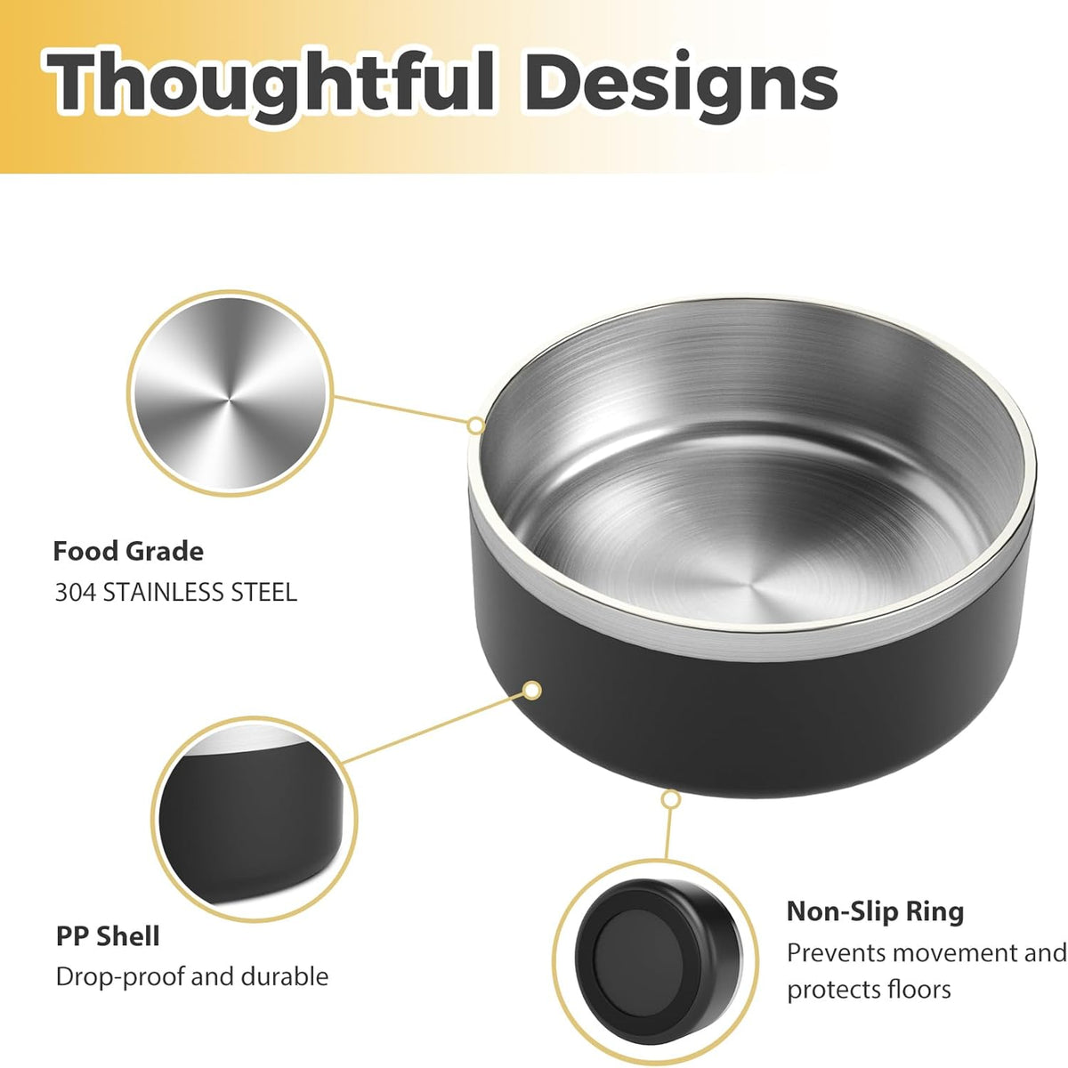 Stainless Steel Dog Bowl, Metal Water and Food Dish for Large Dogs, Insulated Non-Slip Pet Bowl, Easy Clean, 64oz, Black