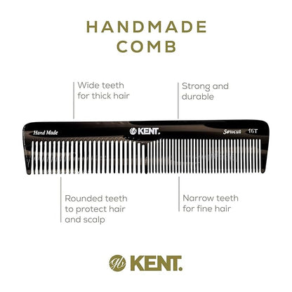 Kent 16T Black Graphite Fine and Wide Tooth for Daily Grooming,Handmade Styling Comb for All Hair Types,Wet or Dry Hair Detangling Comb for Men and Women,Saw Cut Hand Polished,Made in England