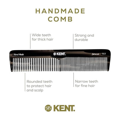 Kent 16T Black Graphite Fine and Wide Tooth for Daily Grooming, Handmade Styling Comb for All Hair Types, Wet or Dry Hair Detangling Comb for Men and Women, Saw Cut Hand Polished, Made in England