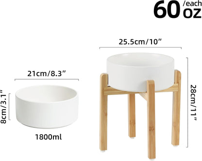 Ceramic Elevated Dog Bowl Set - Large Breed Dog Food and Water Bowl, Weighted Dishes (8.2'', 60OZ, White)