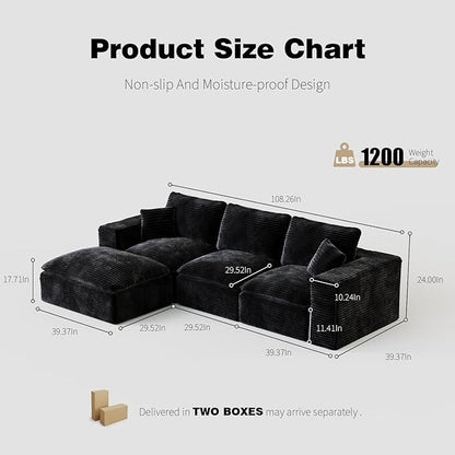 ZIGHTH 108" Plush Corduroy L Shaped Sectional Cloud Sofa Couch with Ottoman, Soft Deep Seat Modular Sectional Couches for Living Room,No Assembly. Black