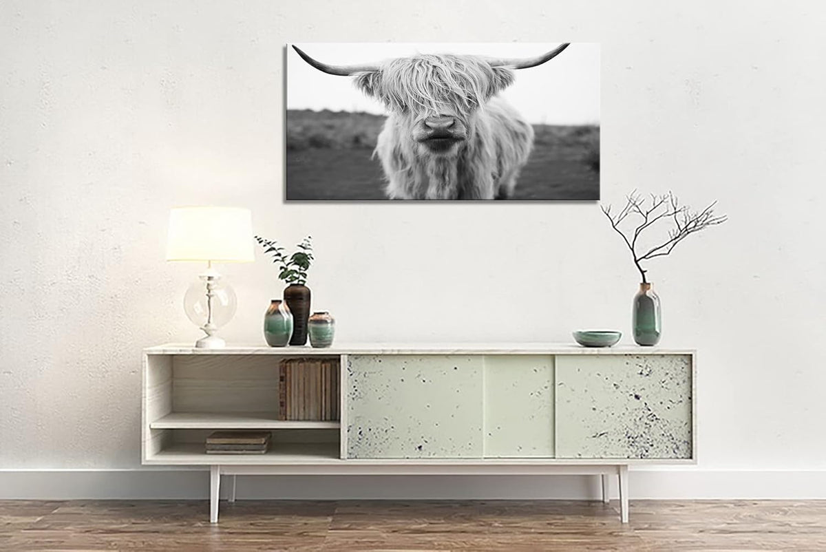 XXMWallArt FC3650 Highland Cow Canvas Art - Black and White Animal Wall Art for Living Room, Bedroom, Office Decor