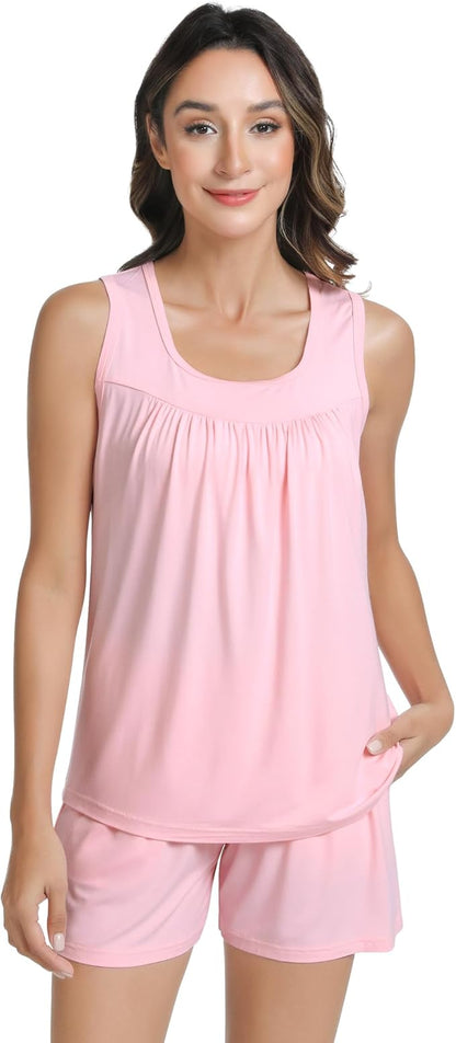 NACHILA Pajamas for Women-Viscose from Bamboo, Ribbed Racerback Tank Top Sexy Split Shorts Pajama Sets Cooling Sleep Cami Pjs