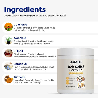Itch Relief Formula for Dogs – Vitamin E & Borage Oil Supplement – Packed with Beneficial Fatty Acids for Healthy Skin – Seasonal Allergies Support Chews | Pack of 2