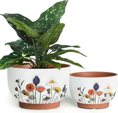 YBX 8 Inch & 6 Inch Terracotta Plant Pots, Flower Pots for Indoor Plants with Drainage, Planters with Floral Accent for Indoor Plants (French Country)
