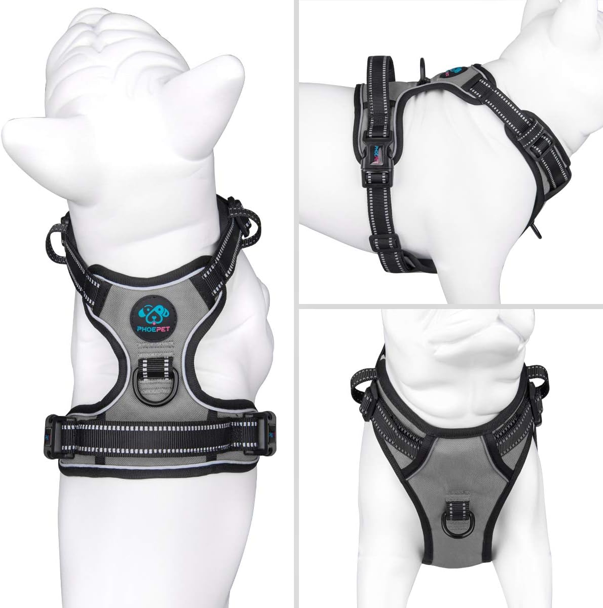 PHOEPET No Pull Dog Harness Medium Reflective Front Clip Vest with Handle,Adjustable 2 Metal Rings 2 Buckles(XL, Grey)