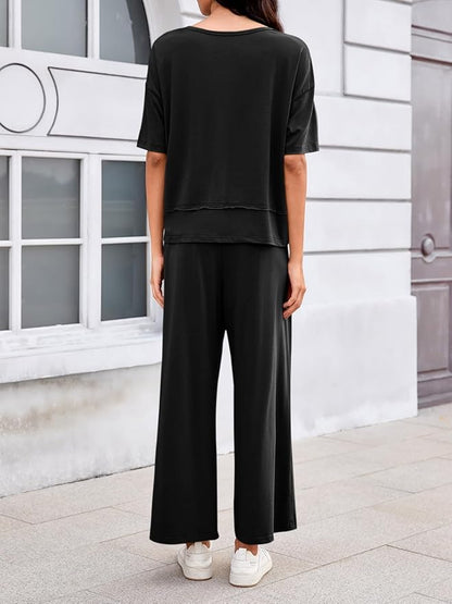 Tankaneo Womens 2 Piece Sets Casual Tracksuits Short Sleeve Tops Wide Leg Pants Outfits Lounge Sets