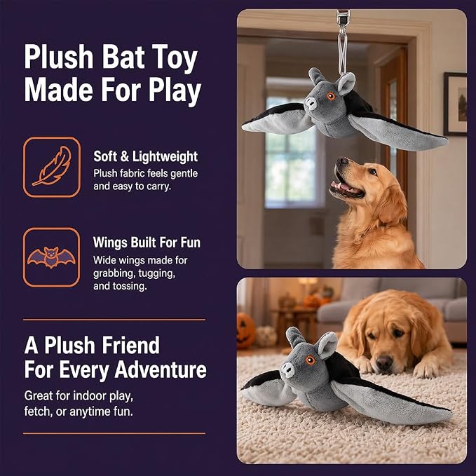 Flying Bat Dog Toy, Flapping Bat Dog Toy with Chirping Sounds, Interactive Rechargeable Flap Bat Toy for Dogs Cats, Hanging & Wand Play, 1PC