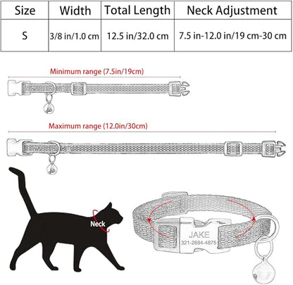 Personalized Reflective Nylon Cat Collar with Name Phone,Custom Engraved Buckle Cat Collar with Bell,Adjustable for Small Dogs Puppy Kitten (Black,fit 7.5''-12.0'')