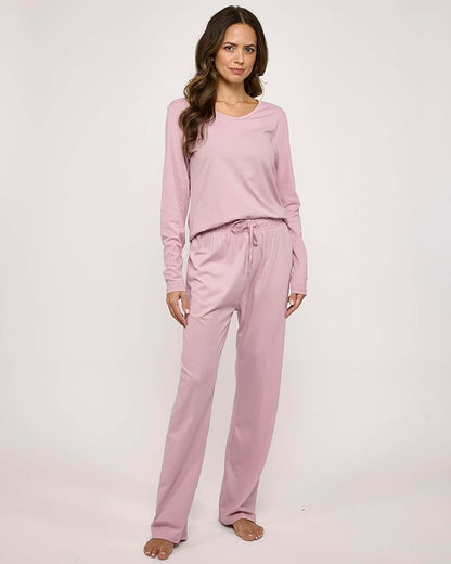 Real Essentials 2 Pack Women's Soft Cotton Long Sleeve Pajama Set with Pants - Lounge Sets for Women (Available In Plus)