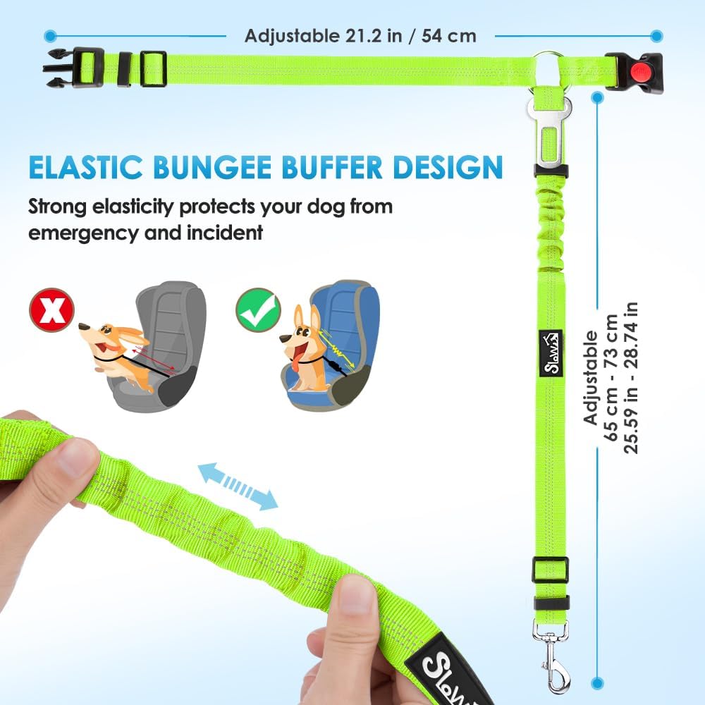 SlowTon Dog Seat Belt for Car, 2 Pack Dog Car Harness Seatbelt Adjustable with Elastic Bungee Buffer, 2 in 1 Pet Car Leash Headrest Restraint Dog Reflective Safety Tether (Lime, Headrest+Clip)