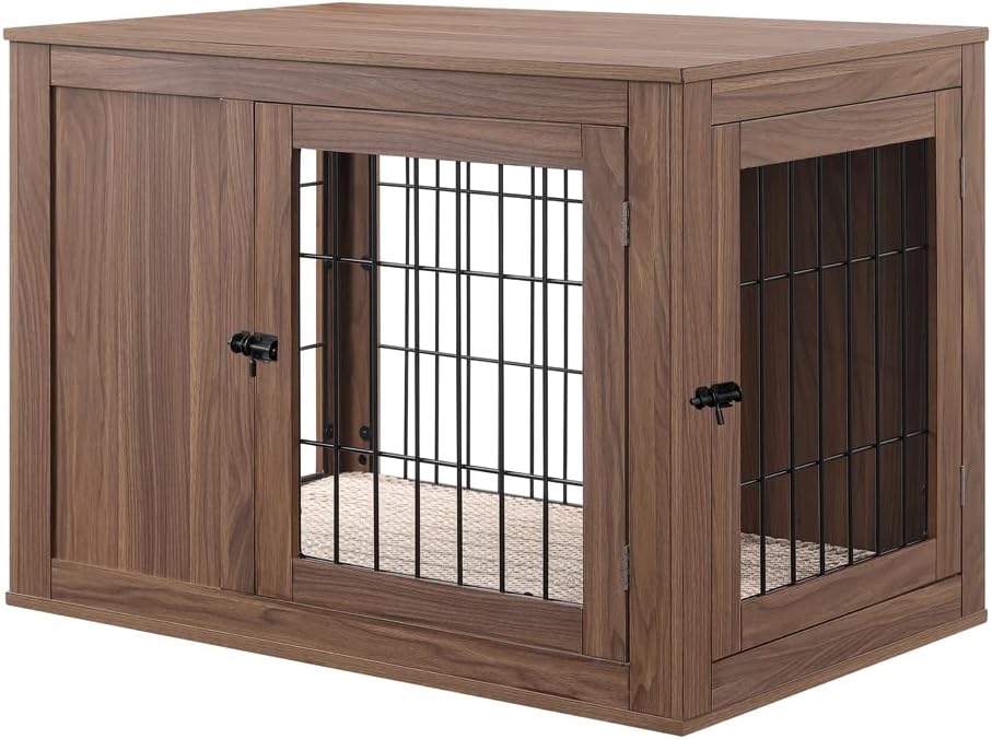 unipaws 36 Inch Furniture Style Dog Crate End Table with Cushion, Wooden Wire Pet Kennels with Double Doors, Medium Dog House Indoor Use (Walnut, Medium)